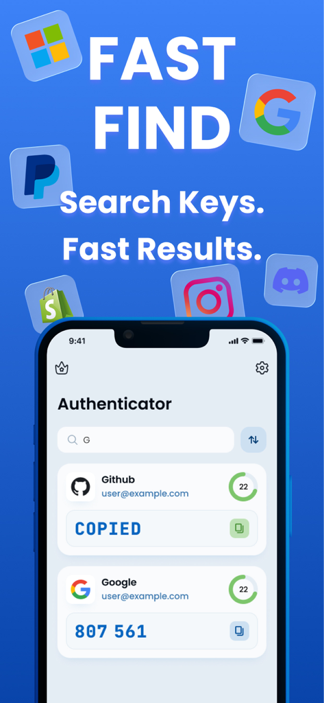 2FA Authenticatorアプリのインターフェース。セキュリティコードの検索機能と、GoogleやGithubなどのアカウントリストが表示されています。