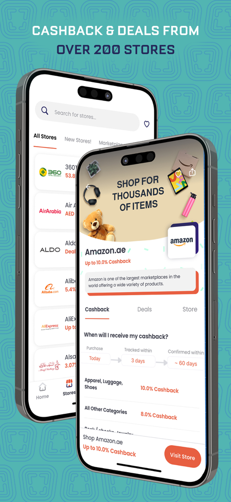 Interfaz de la aplicación ShopCash en dos smartphones mostrando ofertas de cashback y una lista de tiendas participantes.