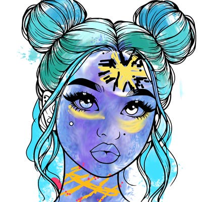 realistic girl with two buns on her hair and lips