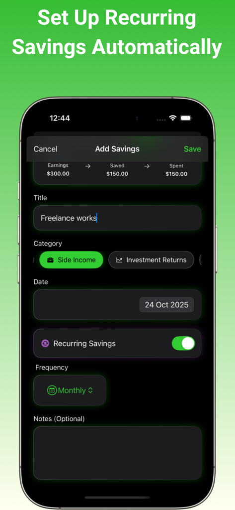 Savings - Money Tracker - Mobile screen for adding recurring monthly savings from side income