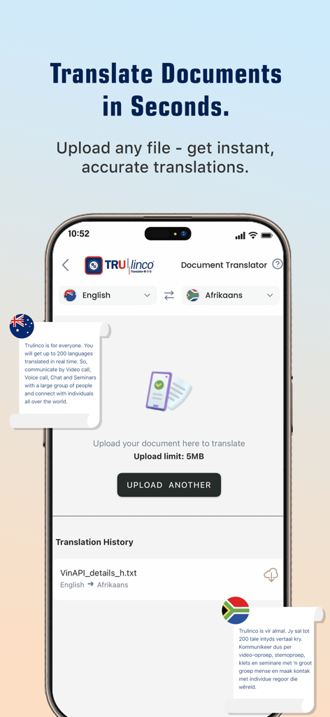 Trulinco: AI Voice Translator - Interface of Trulinco app showing the document translator feature converting a file from English to Afrikaans