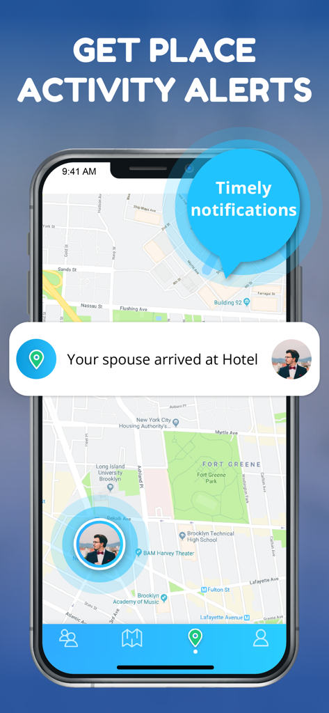 Spoten Phone Location Tracker - Spotenアプリのインターフェース。場所への到着通知と、地図上のリアルタイム位置情報が表示されています。