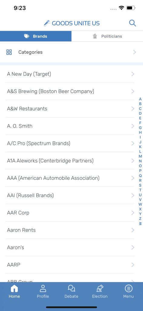 Goods Unite Us - Interface do aplicativo móvel Goods Unite Us exibindo uma lista alfabética de marcas e empresas