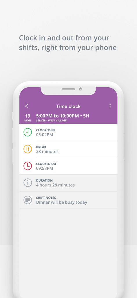 Sling: Employee Scheduling App - Slingモバイルアプリ画面に、勤務シフトの従業員の出退勤時間が表示されています