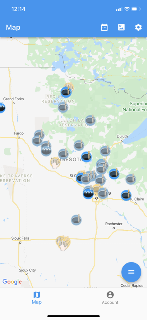 A map interface of the Ice Report app showing user-submitted ice thickness icons across Minnesota and surrounding areas.
