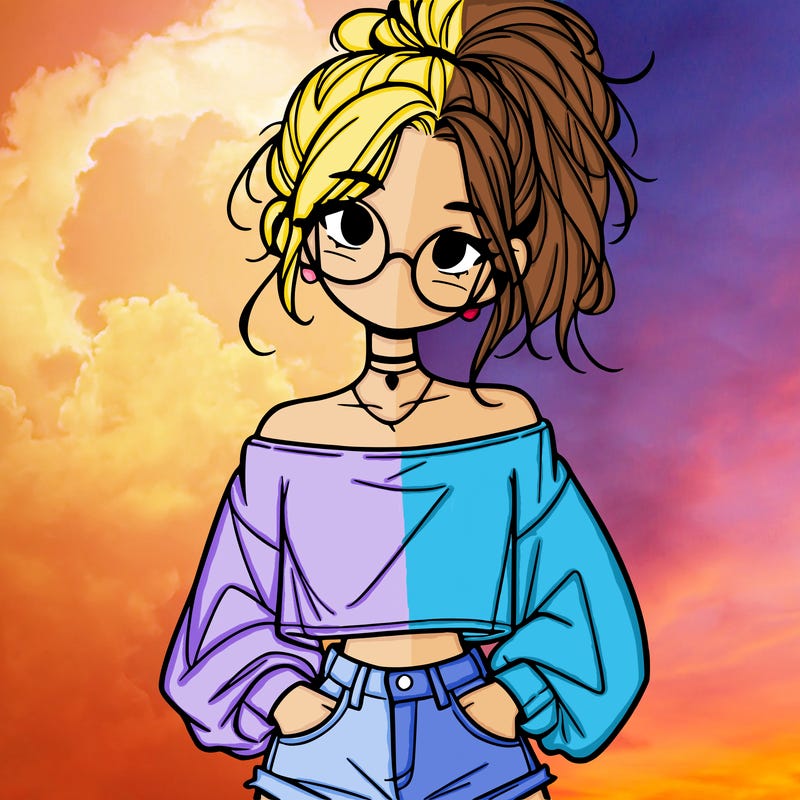 girl with a messy ponytail glasses a baggy crop top and jean shorts