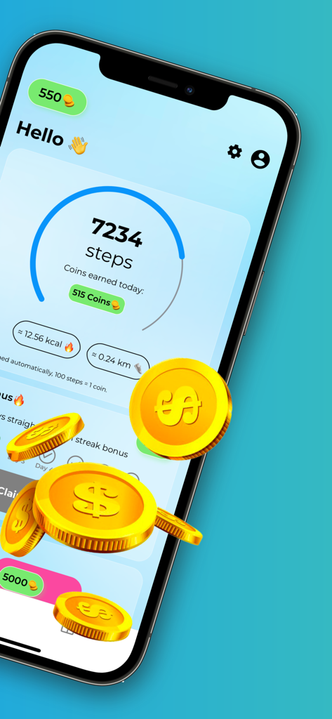 Walk Earn Step Counter Walkify - Panel de la aplicación Walkify mostrando 7234 pasos rastreados y monedas de oro ganadas por caminar