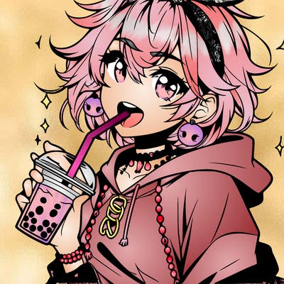 hot baddie anime girl drinking boba and biting the straw