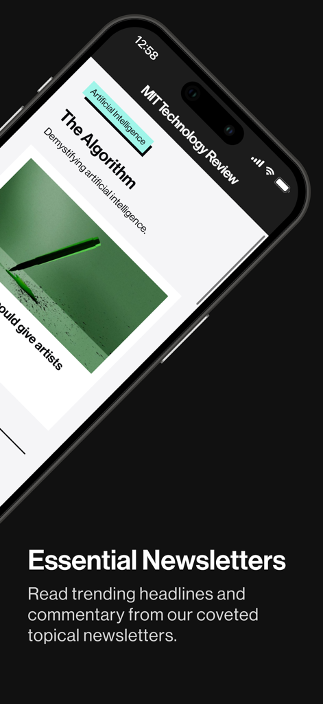 MIT Technology Review - AI ニュースと Essential Newsletters 機能を特集した MIT Technology Review アプリを表示する iPhone