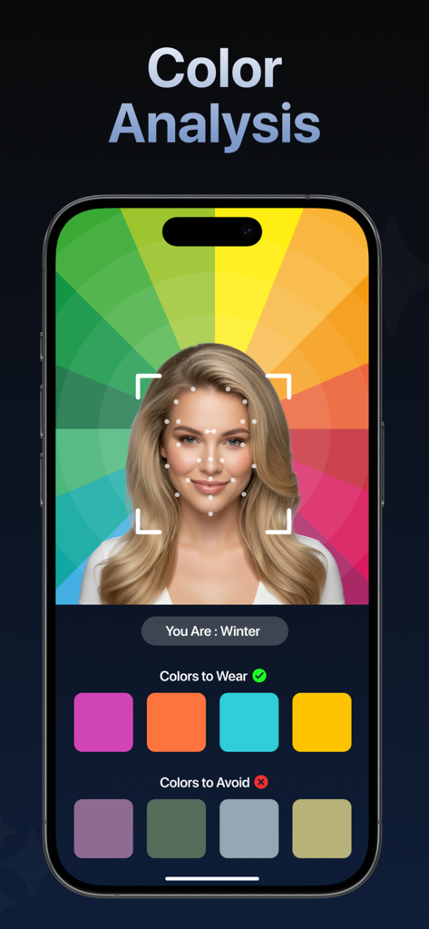 Hairly AI: Hairstyle Try On - A mobile screenshot of the Hairly AI app showing the seasonal color analysis feature identifying a Winter palette with recommended colors.