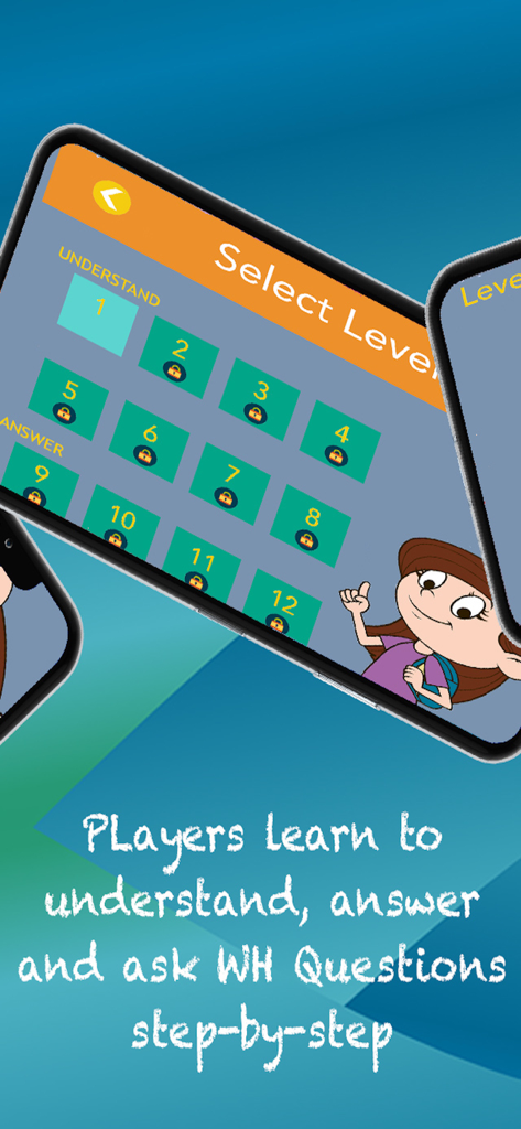 Level selection screen of WH Questions app showing numbered tiles for step by step learning
