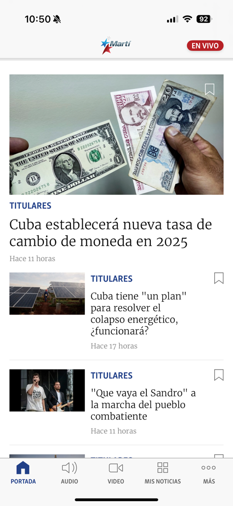Tela inicial do aplicativo de notícias da Rádio Televisão Martí com manchetes em espanhol sobre Cuba e sua moeda