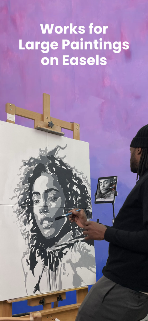Mural Maker by Da Vinci Eye - An artist using the Mural Maker app on an iPad to paint a large portrait on an easel
