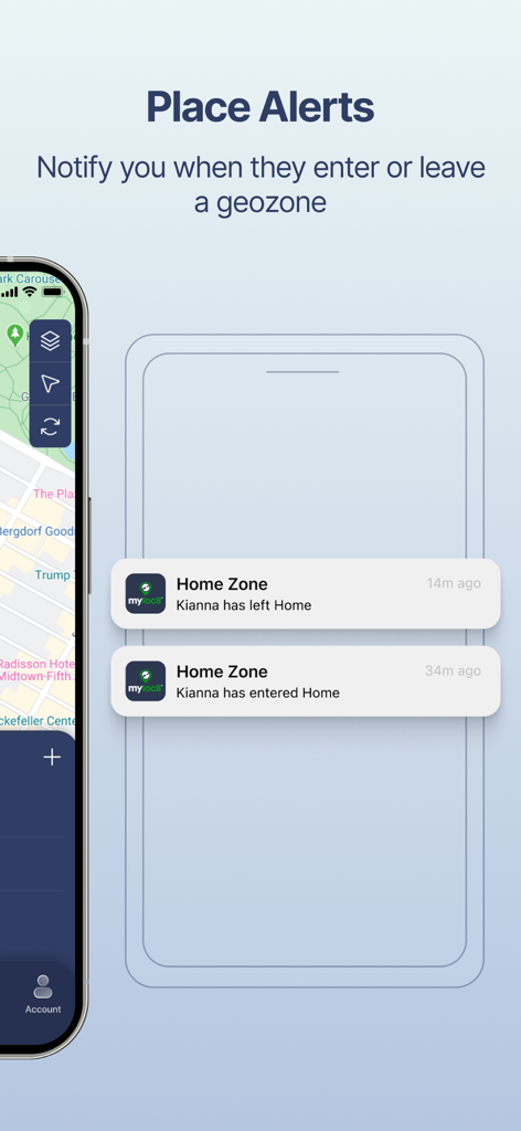 Interface de l'application Myloc8 montrant des notifications push pour un utilisateur entrant et sortant d'une zone de géorepérage à domicile