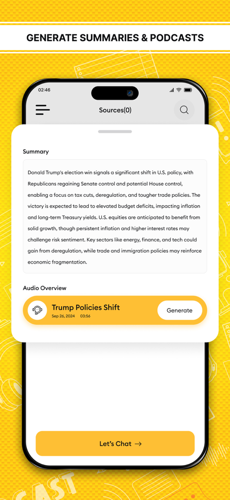 AI Notebook LM - PodifyGPT - AI Notebook PodifyGPT app interface displaying a text summary and an option to generate an audio podcast from document content.