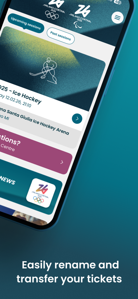 Tickets MilanoCortina2026 - Interface de l'application Billets MilanoCortina2026 montrant un billet de hockey sur glace avec des options pour renommer et transférer.