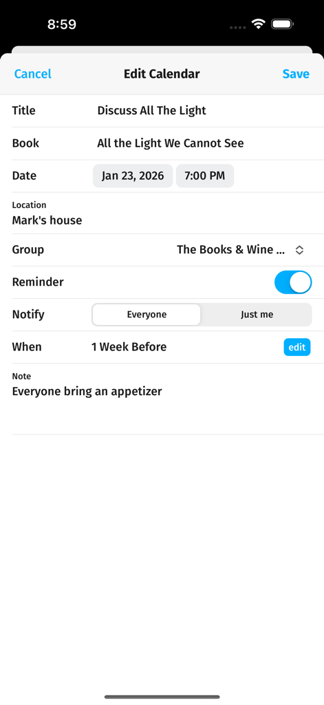 Bookship: a virtual book club - Interface for scheduling a book club meeting in the Bookship app with details for date, location, and reminders.