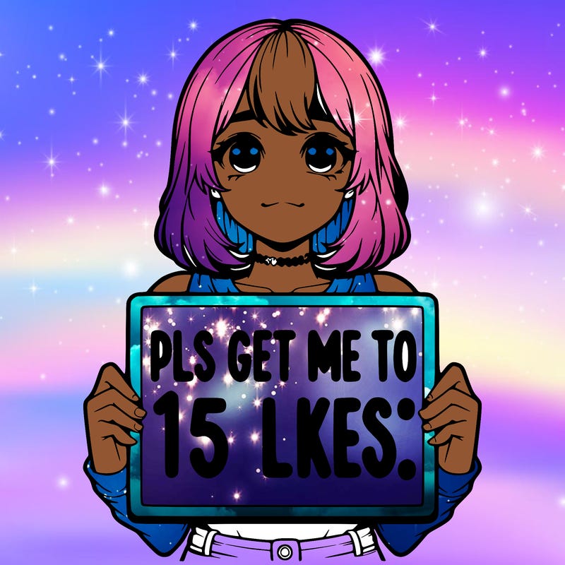 realistic girl holding up a sign that says “pls get me to 15 likes!”