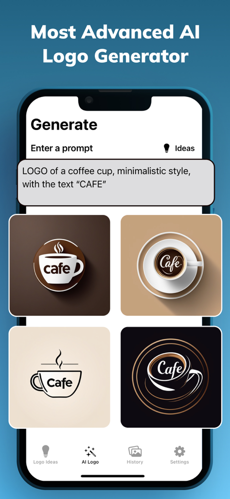 AI Logo Generator - Logo Maker - Interfaz de la app AI Logo Generator mostrando cuatro diseños de logo de cafetería creados a partir de una indicación de texto