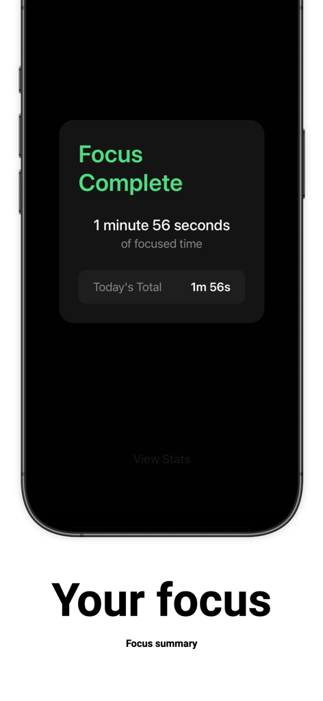 Focus session summary screen showing focus complete message and time spent