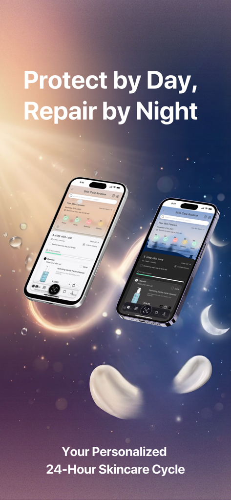 A personalized 24-hour skincare cycle showing day and night routines on a mobile app