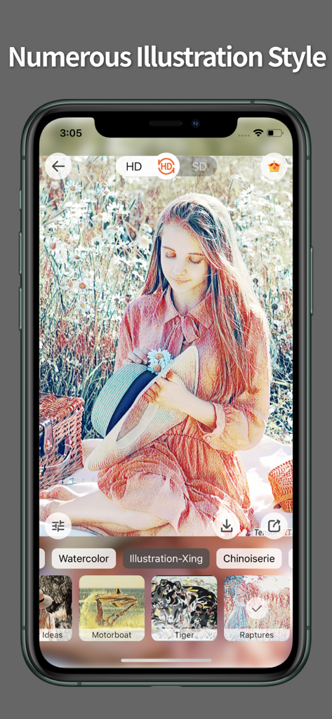 TensorArt - AI photo Editor - Eine Smartphone-Oberfläche zeigt die TensorArt-App mit einem Illustrationsfilter, der auf ein Foto einer Frau in einem Blumenfeld angewendet wurde