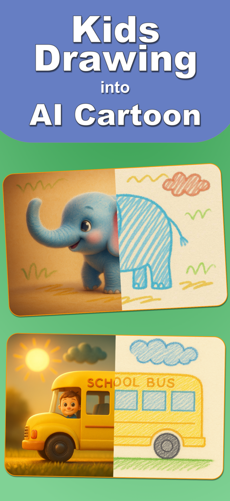 Kids Sketch AI: Drawing to Art - Comparación lado a lado de dibujos a mano de un elefante y un autobús escolar de un niño transformados en arte de dibujos animados de IA de alta calidad