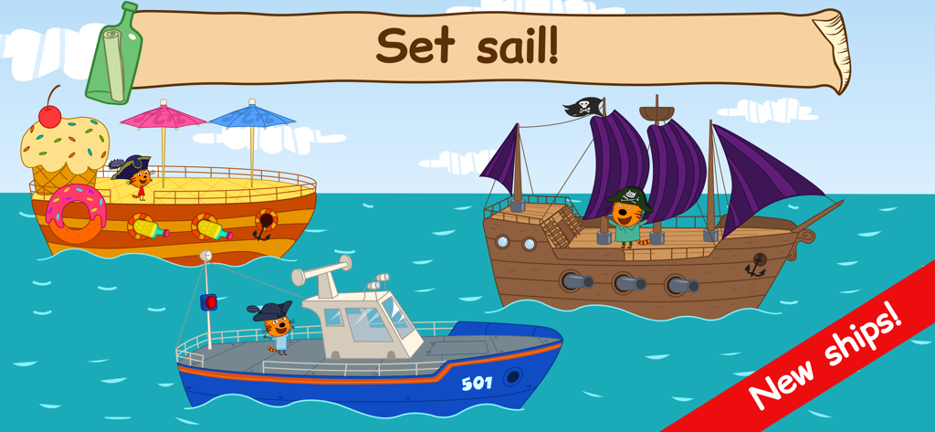 Kid-E-Cats-Charaktere auf einem süßen Schiff, einem Küstenwachenboot und einem Piratenschiff auf See