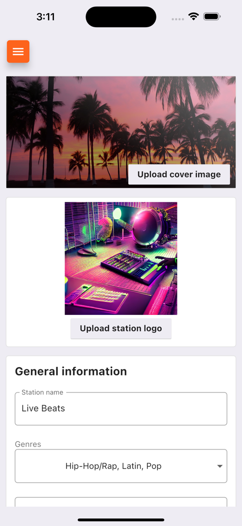 Interface pour éditer le nom de la station de radio, les genres et les images de marque dans Live365 Broadcaster