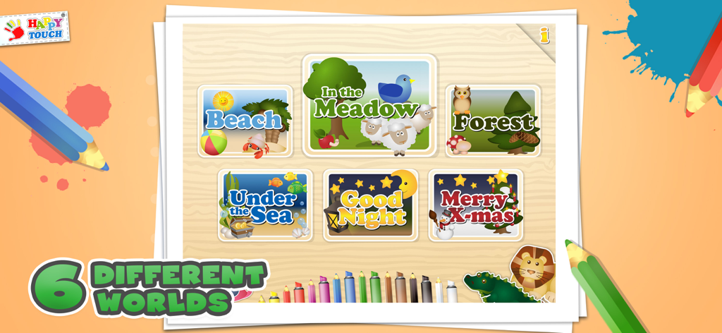 Hauptmenü der App Malspiele für Kinder Happytouch, das sechs verschiedene Malthemen zeigt, darunter Strandwald und Unterwasserwelt