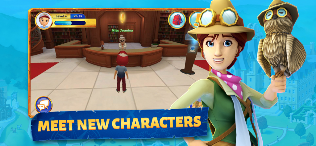 Adventure Academy - Un personaje 3D sosteniendo un búho en el área de la biblioteca del juego Adventure Academy.