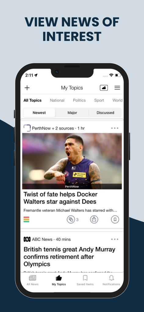 Australien Lokale und Weltnachrichten-App-Oberfläche, die einen personalisierten Themen-Feed mit Sport- und nationalen Schlagzeilen anzeigt