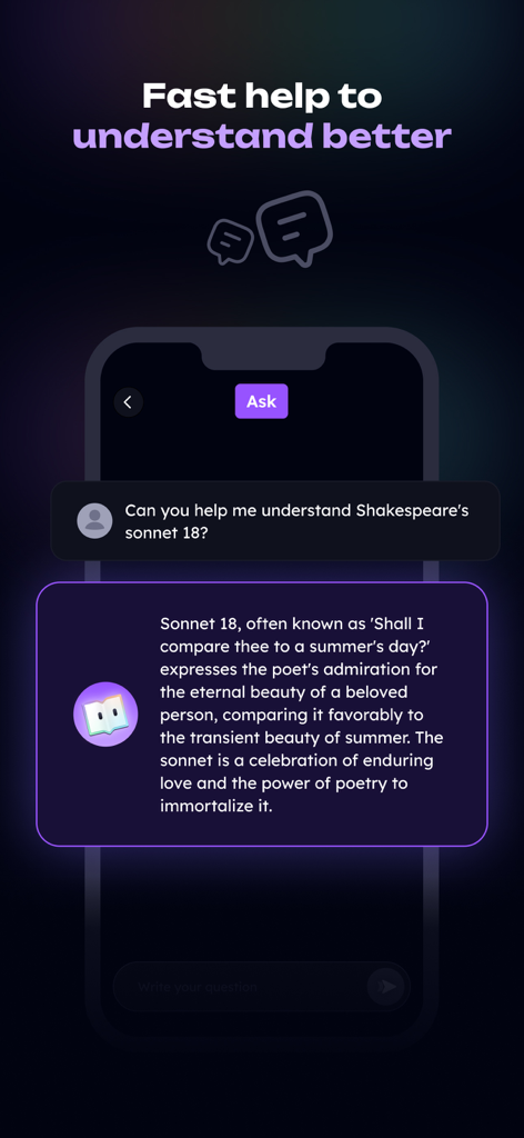 HelpMe AI student assistant providing an explanation of a Shakespeare sonnet in a chat interface