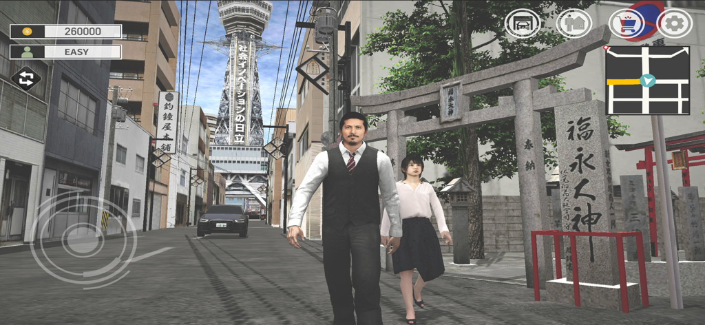 Japan Taxi Simulator : Driving - Realistic 3D simulation of characters walking in Osaka Shinsekai district with Tsutenkaku Tower in the background