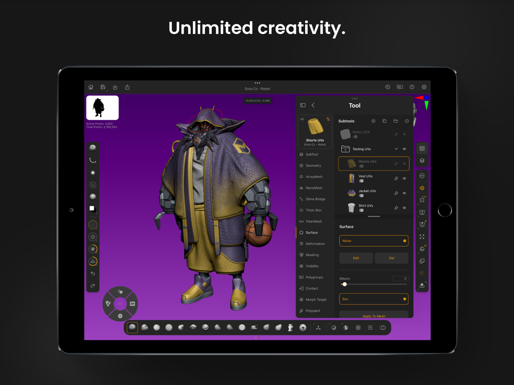 ZBrush - Un diseño de personaje 3D profesional siendo esculpido en la interfaz de la aplicación ZBrush para iPad, mostrando subtareas y ajustes de superficie