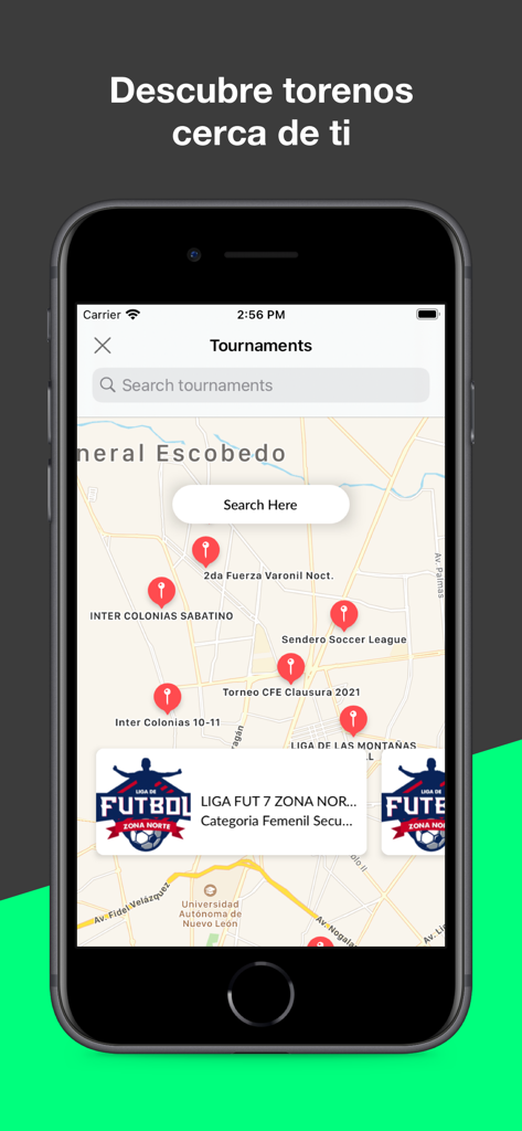 Sportwey - Map view in the Sportwey app showing nearby sports tournaments and local league locations.