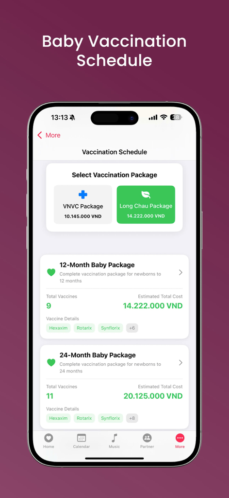 MaMaTrack: Mom's Journey - Captura de pantalla de la aplicación MaMaTrack que muestra el calendario de vacunación del bebé y las opciones de paquetes
