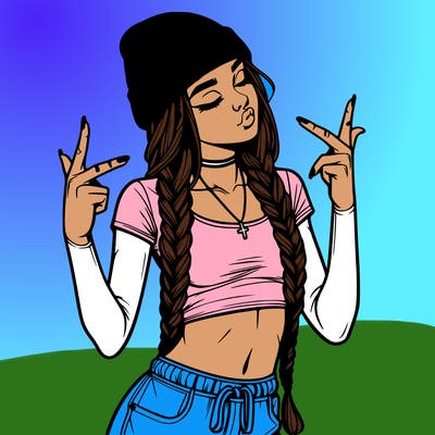 realistic teenage girl with braids and a beanie and crop top doing 🫶🏼