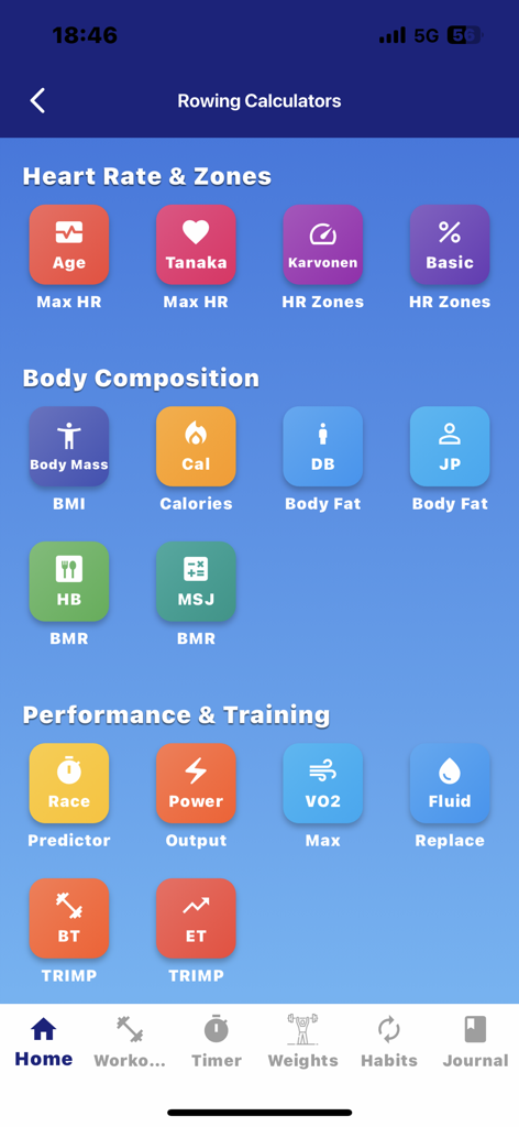 The RowAlong App - Rowing calculators dashboard in the RowAlong App featuring sections for heart rate zones, body composition, and performance training tools.
