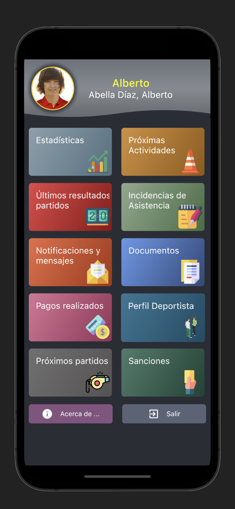 Gesdep Connect - Panel principal de la aplicación Gesdep Connect con el perfil del atleta y funciones de gestión del club como estadísticas y pagos.
