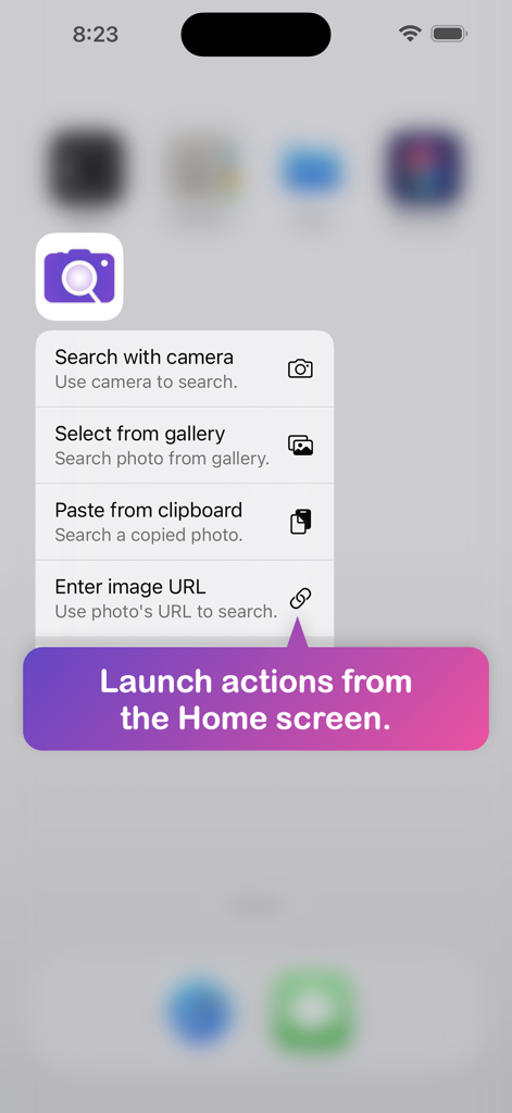 Reverse Image Search – RIMG - RIMG app quick actions menu on the iOS Home Screen with options for camera and gallery search