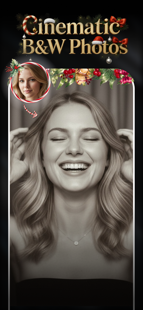 AI Photo Video Generator: AURA -  Un portrait IA cinématographique en noir et blanc d'une femme souriante avec des décorations de Noël festives.