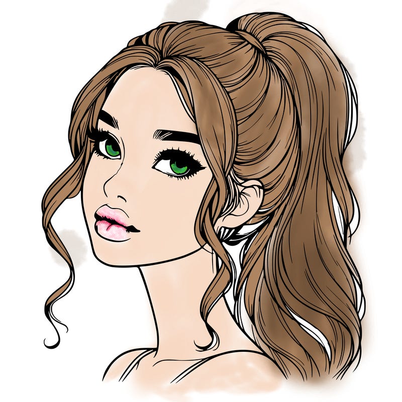 realistic girl with a ponytail on her hair and lips