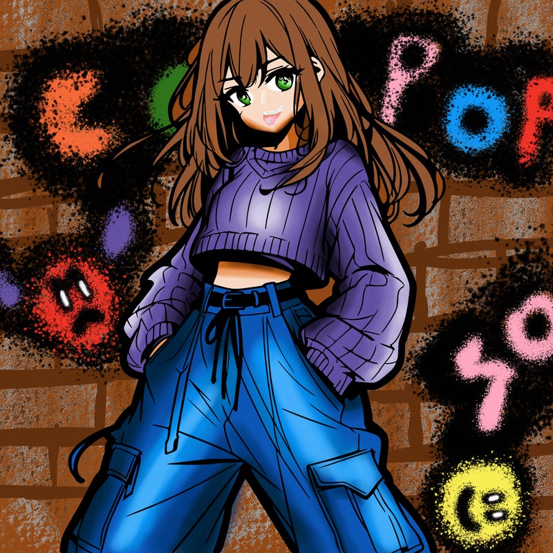 anime teen girl with baggy pants and crop top with sweater