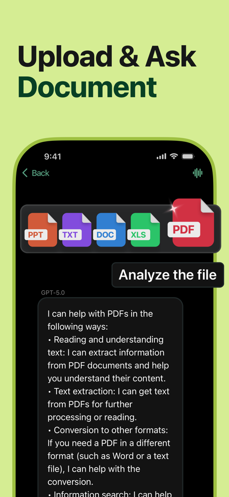 Chatico AI – Chatbot Assistant - Chatico AI interface showing document upload and analysis capabilities for PDF and office files