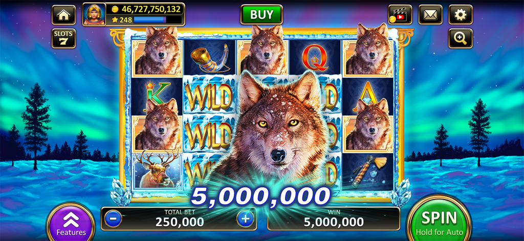 冬のオーロラを背景に、500万コインの勝利を示すVegas Slots Cherry Masterのオオカミをテーマにしたスロットマシン画面
