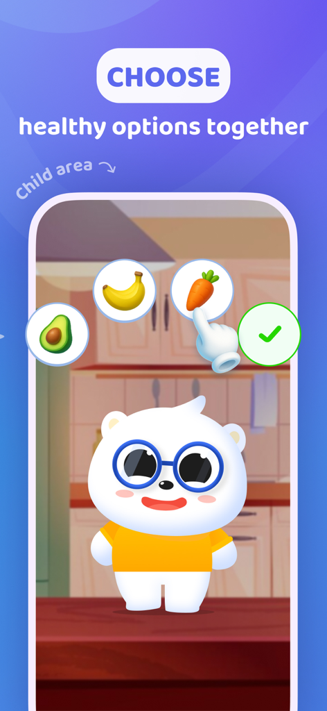 HabbyApp: Kids Habit & Routine - A virtual bear character in HabbyApp assisting a child in choosing healthy food options like a carrot in a gamified kitchen setting.
