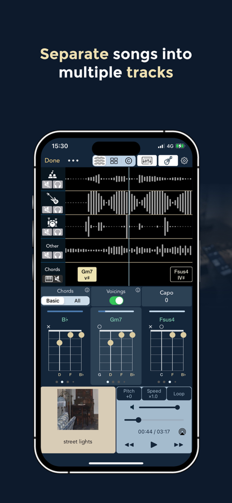Chord ai - Play any song! - Chord ai mobile app interface for separating songs into multiple instrument tracks and displaying guitar chords.