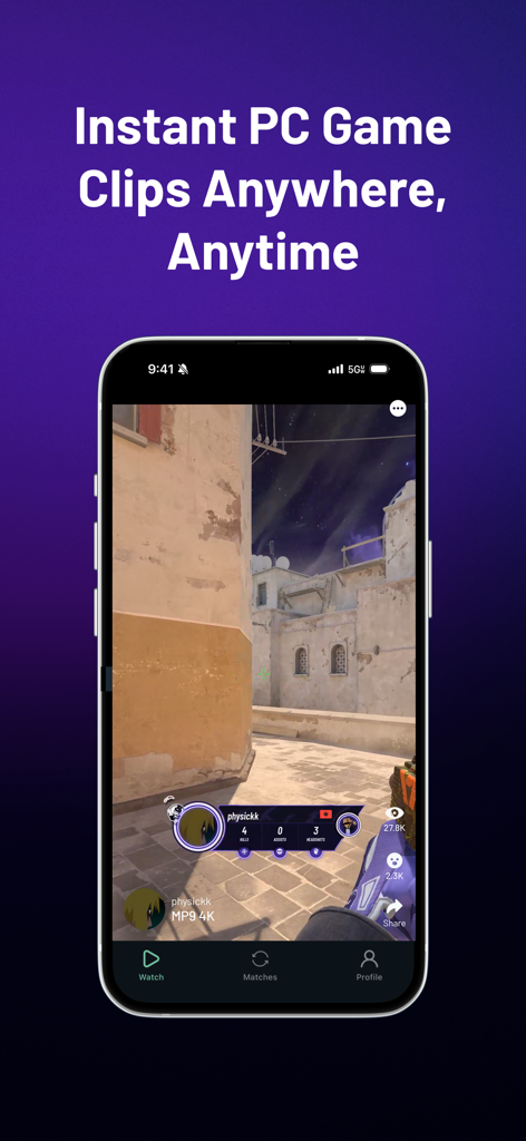 Allstar.gg - Allstar.gg mobile app interface showing a competitive PC gaming clip with social engagement stats.