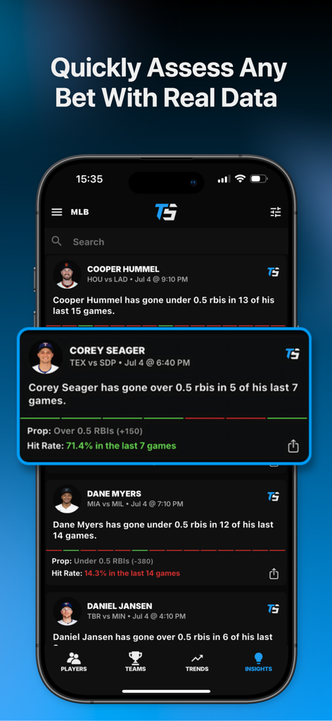 Toad Sports - Betting Research - 두꺼비 스포츠 모바일 앱이 데이터 기반 베팅 분석을 위한 MLB 선수 프로 리서치 및 과거 적중률을 보여줍니다